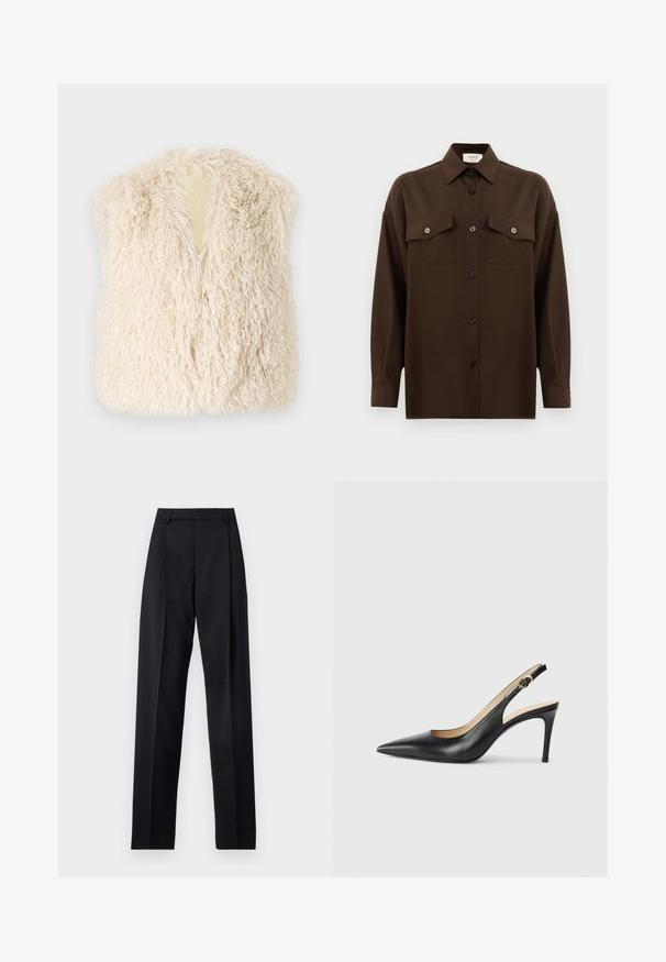 Prsluk od fau fur bež boje s pahuljastom teksturom, otvorenog prednjeg dijela i bez rukava. Ima mekan, nestrukturiran dizajn pogodan za slojevito oblačenje.; Tamno smeđa dugosleeve košulja s dugim rukavima i dugmadi, s dva džepa s preklopom na prsima i klasičnim ovratnikom, prikazana na jednostavnoj bijeloj pozadini.; Crne hlače od glatkog materijala s visokim strukom, širokim nogavicama, prednjim pregibima i klasičnim petljama za remen. Nema vidljivih bočnih džepova.; Crne kožne slingback visoke potpetice s šiljastim nosom, podesivim trakama i elegantnim stiletto potpeticama, s glatkom završnom obradom.