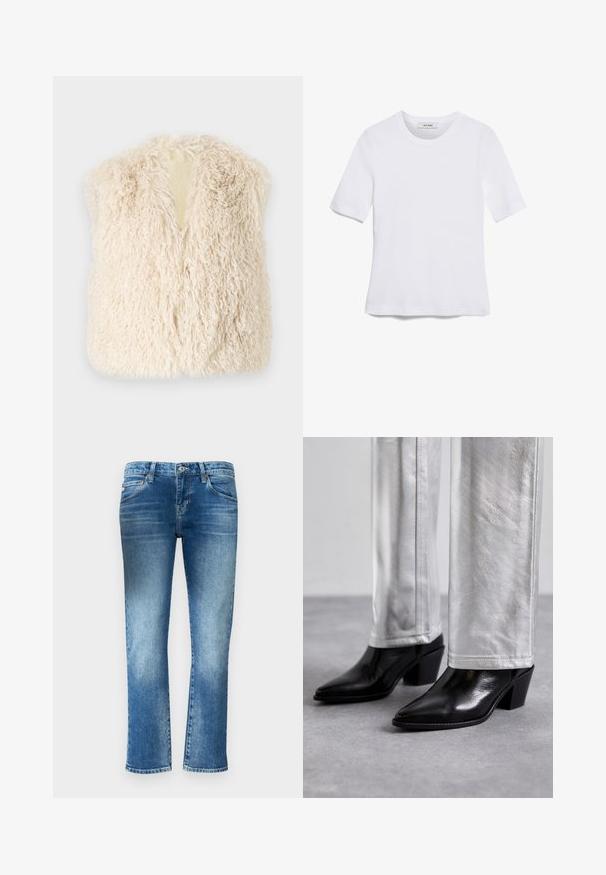 Tejszínszínű műszőrme mellény bolyhos textúrával, nyitott elülső résszel és ujjatlan kivitelben. Puha, laza kialakítása ideális rétegezéshez.; Fehér, rövid ujjú póló ribbed anyagból. Kerek nyakkivágás, normál szabás és diszkrét varrási részletek. Nincsenek minták vagy grafikák.; Világoskék farmernadrág, egyenes szárú kialakítással, finom kopással és közepes derékszabással. Öt zsebe és övhurkai vannak.; Fekete bőr bokacsizma hegyes orral és tömbsarkal, fényes ezüst nadrággal párosítva, amely sima textúrákat és kontrasztos színeket mutat be.