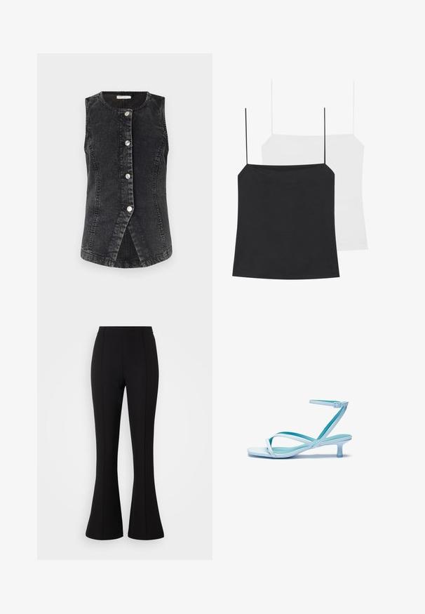 Juodas džinsinis liemenė su apvaliomis kaklo iškirpėmis, priekyje užsegimu mygtukais ir prigludusia forma. Yra šiek tiek išlenktas apatinis kraštas ir matomos siuvimo detalės.; Pateikiamos dvi liemenėlės: viena juoda, kita balta. Abi turi plonas petnešas ir prigludusį dizainą, pagamintos iš lygaus, elastingo audinio.; Juodos flared kelnės, pagamintos iš tamprių audinių, pasižyminčios lygiu paviršiumi, aukštu liemeniu ir siūlių detalėmis priekyje.; Šviesiai mėlynos guminės sandalai su kvadratiniu pirštu, žemu kulnu, reguliuojama kulkšnies juosta ir lygiu, blizgiu paviršiumi. Kryžminiai dirželiai ant pado.