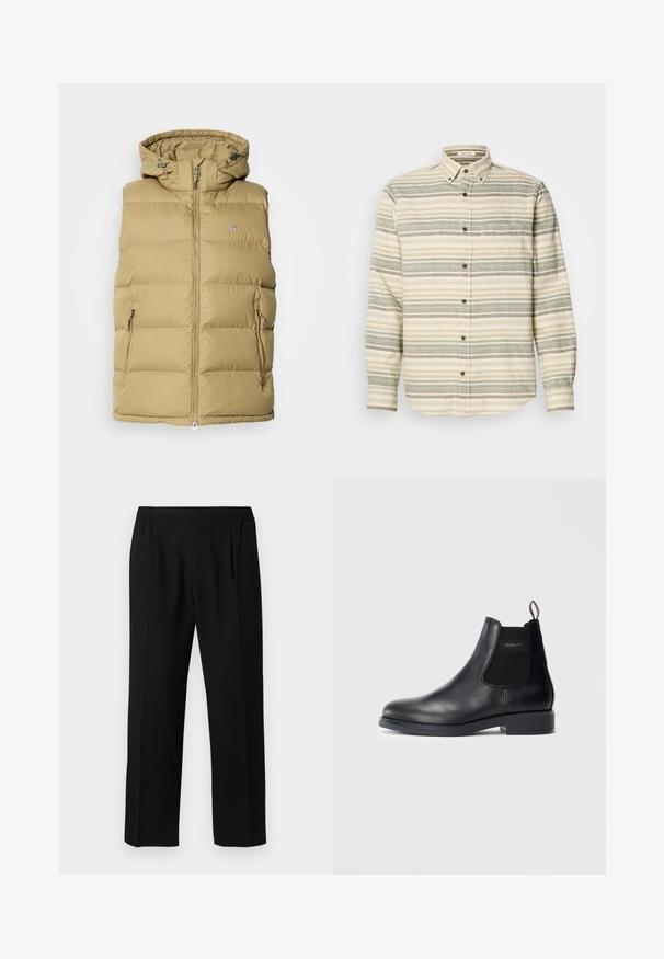 Beige pufferväst med huva, har dragkedja, sidofickor och horisontell sömnad för isolering. Slät textur genom hela.; Långärmad skjorta med knappar, beige med gröna och grå ränder. Har en bröstficka och bruna knappar. Tillverkad av texturerat tyg.; Svarta byxor tillverkade av ett slätt tyg, med ett elastiskt midjeband, rak benform och två framfickor för extra detalj.; Svart läder Chelsea-boot med elastiska sidopaneler, låg klack, dragflik på hälen och GANT-logotyp på den yttre sidopanelen.