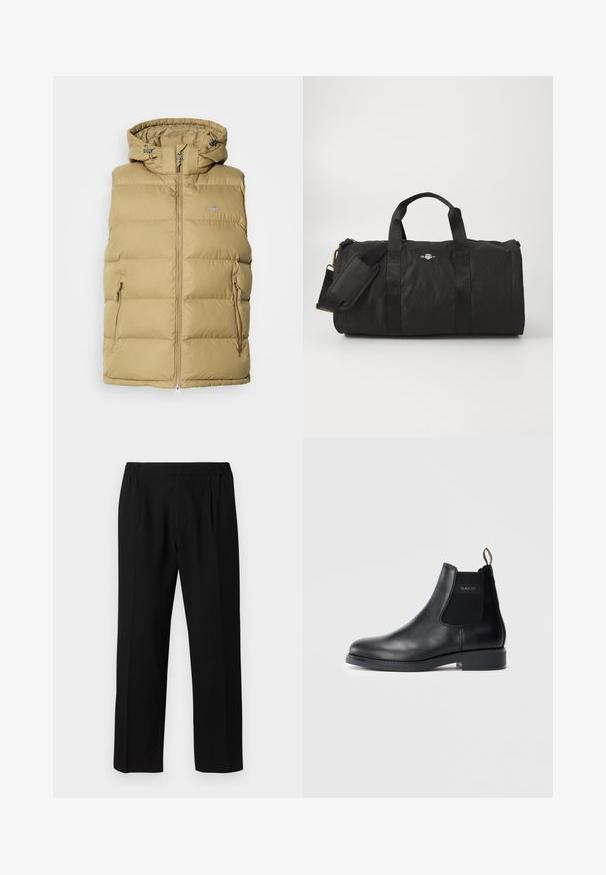 Beige Puffer-Weste mit Kapuze, mit Reißverschluss, seitlichen Taschen und horizontaler Steppung zur Isolierung. Glatte Textur über die gesamte Fläche.; Langärmliges Hemd mit Knöpfen, beige mit grünen und grauen Streifen. Verfügt über eine Brusttasche und braune Knöpfe. Hergestellt aus strukturiertem Stoff.; Schwarze Hose aus einem glatten Stoff, mit einem elastischen Bund, geradem Bein und zwei Frontfalten für zusätzlichen Detail.; Schwarze Leder-Chelsea-Stiefel mit elastischen Seitenpanelen, niedrigem Absatz, Zuglasche an der Ferse und GANT-Logo auf dem äußeren Seitenpaneel.; Schwarze Reisetasche aus strapazierfähigem Material, mit zwei oberen Griffen, einem verstellbaren Schultergurt und einem Logo-Detail auf der Vorderseite.