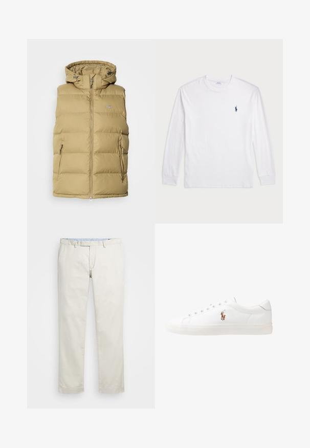 Beige puffer vest with a hood, featuring a zip closure, side pockets, and horizontal stitching for insulation. Smooth texture throughout.; White long-sleeve T-shirt made of cotton. Features a round neckline, ribbed cuffs, and a small navy blue polo logo on the left chest.; Beige cotton chinos with a flat front, belt loops, and side pockets. Straight-leg design with a smooth texture and a light, breathable feel.; White leather sneakers, low-top design, featuring a smooth texture, round toe, laced front, and a small embroidered logo on the side.