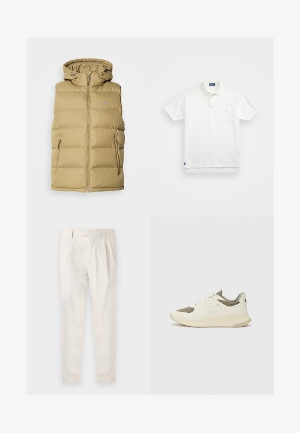 Beež puffer vest, millel on kapuuts, varustatud tõmbluku sulgemisega, küljetaskute ja horisontaalsete õmblustega, mis tagavad soojuse. Ühtlane sile tekstuur.; Valge polo särk, mis on valmistatud puuvillast, klassikalise kraega, kolme nööbiga kinnitusega ja vasakul rinnal taskuga; väike logo helmel.; Valged volditud püksid, mis on kohandatud sobivusega, sujuva tekstuuriga, vööloopidega ja kitsenevate jalgadega. Pole nähtavaid taskuid ega mustreid.; Valge ja heledat beeži värvi spordijalats, millel on õhuke võrkmaterjal, perforatsioonidega detailid ning tekstuuriga vahetald, millel on brändi logo kannaosas.
