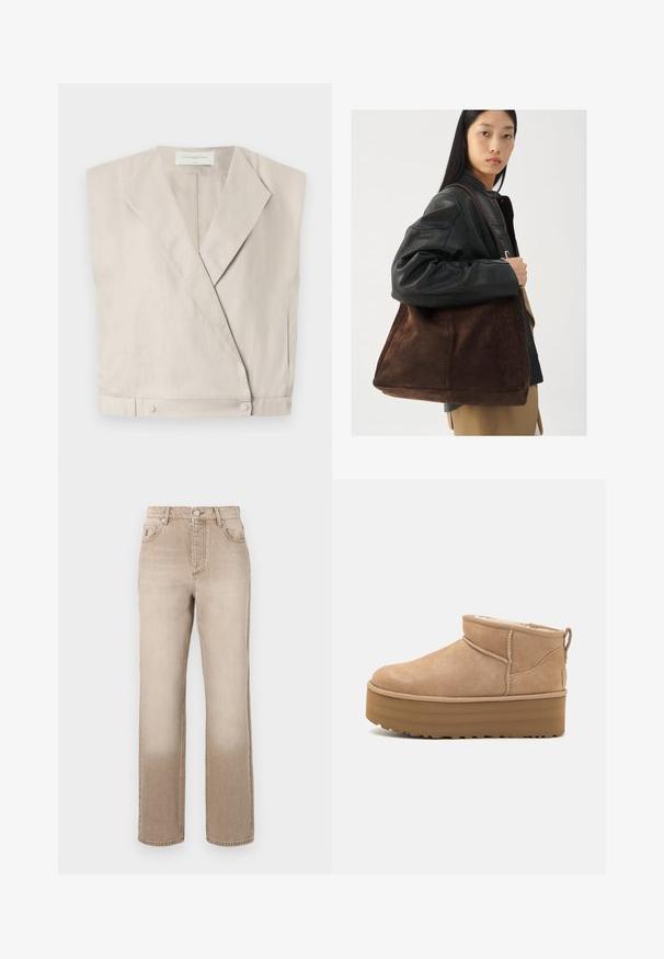 Leicht beiges Leinen-Wickeloberteil mit Kragen, verlängerten Ärmeln und Druckknopfverschlüssen am Saum für eine strukturierte Passform.; Hellcremefarbener Pullover mit langen Ärmeln, rundem Halsausschnitt und geripptem Saum. Hergestellt aus einem weichen Material mit glatter Textur.; Beige Denim-Jeans mit einem leicht ausgeblichenen Effekt, geradem Bein-Design, Fünf-Taschen-Stil und einem Metallknopfverschluss an der Taille.; Beige Wildleder-Ankle Boots mit einem weichen Innenfutter, ausgestattet mit einer Plateausohle und einer Zuglasche hinten für einen einfachen Einstieg. Strukturiertes Gummiprofil.; Braune Wildleder-Tasche mit breiter Form und weicher Textur, ausgestattet mit einem einzigen Tragegurt und minimalem Zubehör vor einem neutralen Hintergrund.