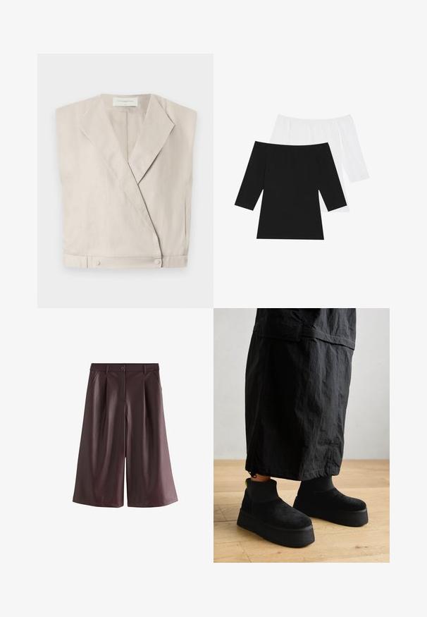 Világos bézs vászon wrap top, álló nyakkal, megnyújtott ujjal és patentos záródással az alján, ami strukturált illeszkedést biztosít.; Két vál-lepen elhelyezkedő felső: az egyik fekete, a másik fehér, háromnegyedes ujjakkal, puha pamutból készült, sima tapintású.; Barna, bő szárú műbőr rövidnadrág elülső zsebekkel, övhurkokkal és gombzárral.; Fekete platform bokacsizmák puha velúrból, sima felülettel és vastag talppal. Bordázott textúrával és neon kiegészítéssel a saroknál.