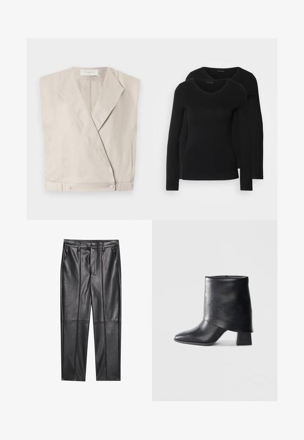 Leicht beiges Leinen-Wickeloberteil mit Kragen, verlängerten Ärmeln und Druckknopfverschlüssen am Saum für eine strukturierte Passform.; Zwei schwarze Langarmshirts mit V-Ausschnitt, aus weichem, dehnbarem Stoff, der eine glatte Textur und eine figurbetonte Passform zeigt.; Schwarze Lederhosen mit glatter Textur, gerader Passform, zwei Fronttaschen und sichtbaren Nahtdetails.; Schwarze Lederstiefelette mit spitzer Zehenform, glatter Oberfläche und strukturiertem Blockabsatz. Mit einem hohen, gefalteten Schaftdesign.