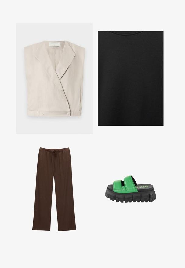 Leicht beiges Leinen-Wickeloberteil mit Kragen, verlängerten Ärmeln und Druckknopfverschlüssen am Saum für eine strukturierte Passform.; Schwarzer Baumwollstoff mit glatter Textur und Rundhalsausschnitt, der ein dezentes, gleichmäßiges Strukturmuster aufweist. Keine sichtbaren Logos oder Akzente.; Braune weite Hosen aus weichem Stoff, mit einem elastischen Bund und Kordelzug sowie zwei Seitentaschen.; Grüne Plattform-Slide-Sandalen mit breiten verstellbaren Riemen, schwarzer texturierter Sohle und schwarzem "BUFF"-Logo auf der Innensohle.