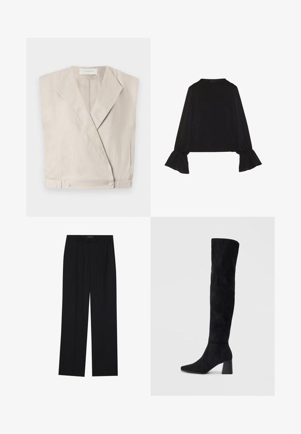 Gaiši bežs lina apkakles blūze ar garām piedurknēm un spiedpogu aizdare apakšmalā, nodrošinot struktūrētu piegriezumu.; Melna garām piedurknēm krekls ar izplestu aproču, maigu tekstūru un brīvu piegriezumu, ar vienkāršu apaļu dekoltē.; Melni bikses ar taisnu kāju dizainu, kurām ir divi priekšējie kabatas un jostasvieta. Izgatavotas no gludas, vieglas auduma.; Melna zamšāda līdz ceļiem, ar blokveida papēdi, norādītu purngalu un gludu, bezšuvju dizainu uz vienkārša gaiša fona.
