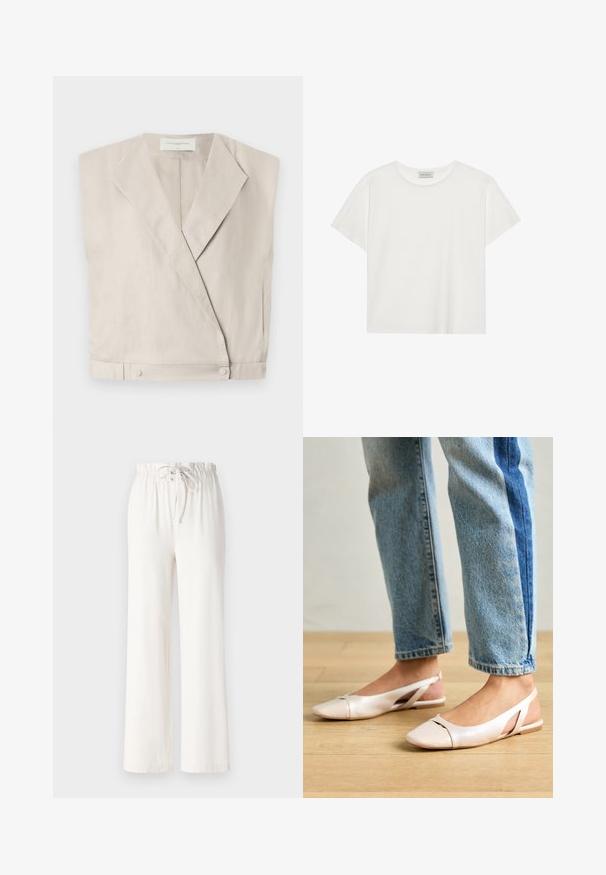 Leicht beiges Leinen-Wickeloberteil mit Kragen, verlängerten Ärmeln und Druckknopfverschlüssen am Saum für eine strukturierte Passform.; Weißes T-Shirt mit kurzen Ärmeln aus weicher Baumwolle. Verfügt über einen runden Halsausschnitt und eine lockere Passform. Sauberes Design ohne sichtbare Muster oder Akzente.; Weiße weite Hosen aus weichem Stoff, mit einem Kordelzugbund und glatter Textur. Keine Muster oder Verzierungen sichtbar.; Blassrosa Slingback-Ballerinas mit spitzem Punkt, aus einem glatten, lederähnlichen Material. Mit Ausschnitten an den Seiten und einem flachen Absatz.