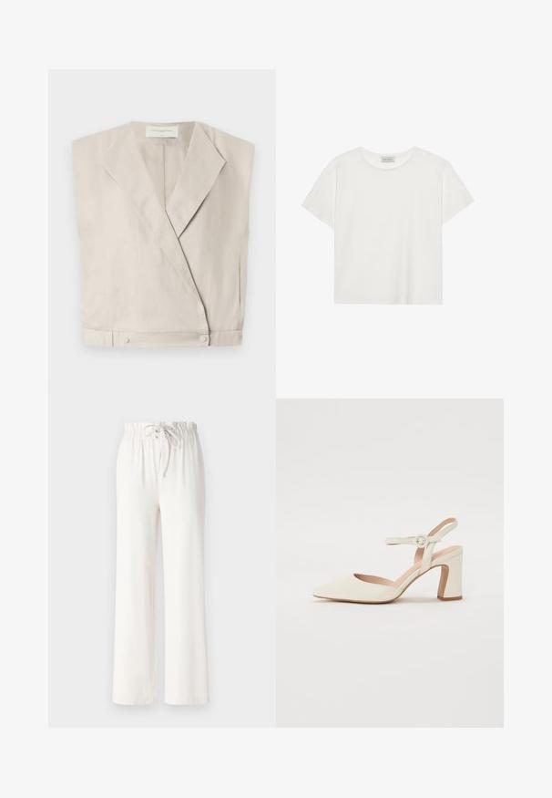 Világos bézs vászon wrap top, álló nyakkal, megnyújtott ujjal és patentos záródással az alján, ami strukturált illeszkedést biztosít.; Fehér, rövid ujjú póló, puha pamutból készült. Kerek nyakkivágással és laza szabással rendelkezik. Tiszta dizájn, látható minták vagy díszítések nélkül.; Fehér, bőszárú nadrág, puha anyagból készült, húzózsinóros derékkal és sima felülettel. Nincsenek rajta minták vagy díszítések.; Hegyes orrú, krémszínű magassarkú cipő, tömbsarkúval. Jellemzője egy vékony bokaheveder kerek csattal és sima bőrszerkezet.
