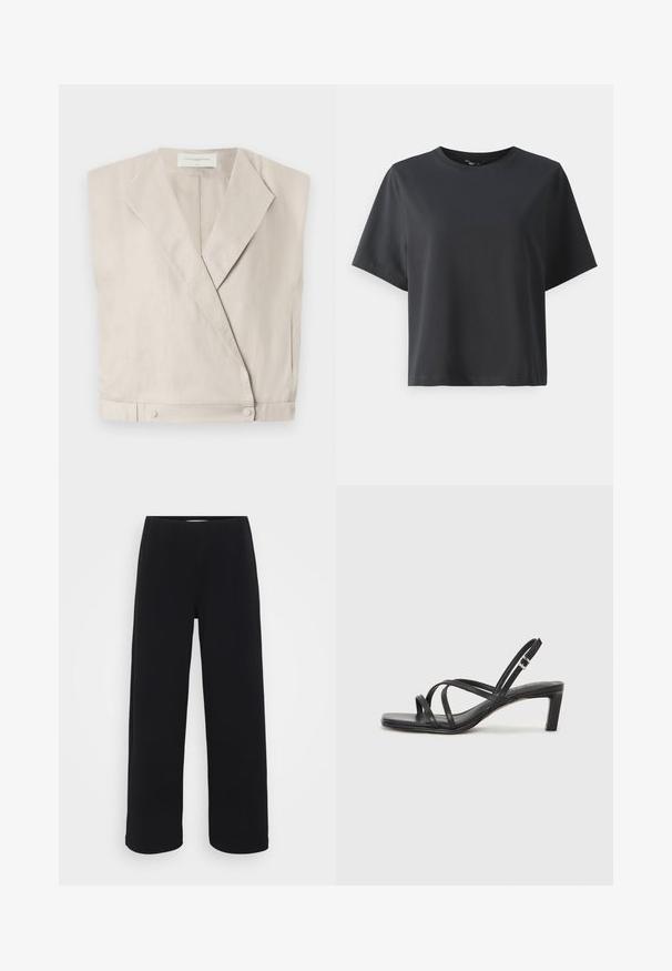Világos bézs vászon wrap top, álló nyakkal, megnyújtott ujjal és patentos záródással az alján, ami strukturált illeszkedést biztosít.; Fekete pamut póló, rövid ujjú, kerek nyakkivágású, laza szabású, sima textúrájú, egyszerű design, minta vagy kiegészítők nélkül.; Fekete, bő szárú nadrág, elasztikus derékkal. Texturált anyagból készült, laza szabású, egyenesen vágva a csípőtől a szegélyig.; Fekete pántos szandál négyzetes orral és alacsony blokk sarkal. Több vékony pánttal és állítható boka pánttal rendelkezik. Sima bőrből készült.