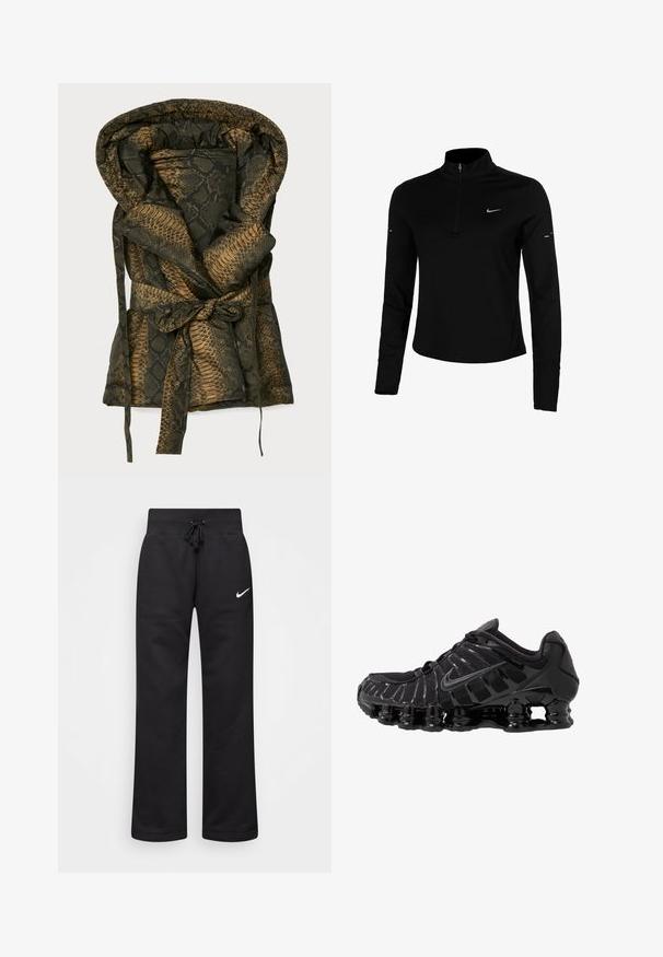 Casaco acolchoado com padrão de pele de cobra apresentando uma combinação de cores em preto e dourado, capuz e cinto para fecho. Textura suave.; Camisa desportiva preta de mangas compridas com zíper até à metade, colarinho, logótipo refletor da Nike e costuras planas para conforto e um ajuste justo.; Calças de moletão pretas feitas de uma mistura de algodão, com um cós elástico ajustável, pernas retas e um logo da Nike branco no lado esquerdo.; Sapato atlético preto com parte superior em malha e sobreposições brilhantes. Apresenta amortecimento em espiral curvado e linhas texturizadas na lateral. Logotipo da Nike visível.