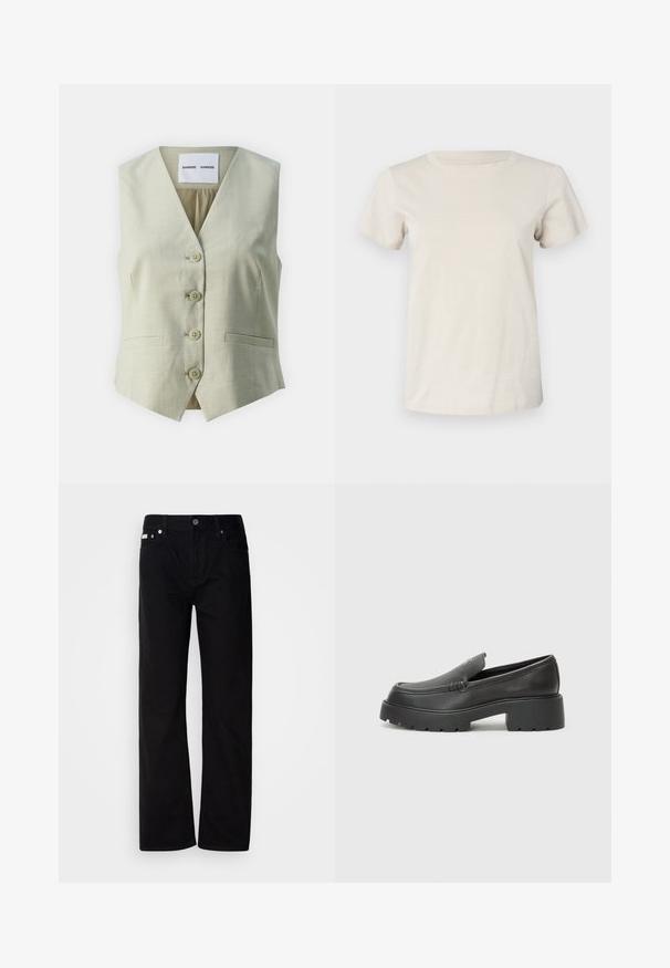 Svijetlosivi bezrukavnik s V-izrezom, pet dugmadi i dva prednja džepa. Izrađen od glatkog materijala s suptilnom teksturom.; Svijetlosmeđi pamučni majica kratkih rukava s okruglim izrezom i suptilnim tekstualnim detaljem sprijeda. Glatka tekstura i opušteni kroj.; Crne traperice ravnog kroja s pet džepova, srebrnim zakovicama i dugmetom na spratu. Tkanina ima glatku, blago teksturiranu površinu.; Crne kožne loaferice s zaobljenim vrhom, debelim teksturiranim potplatom i minimalnim detaljima šivanja. Elegantna izrada bez vidljivih vezica ili metalnih elemenata.