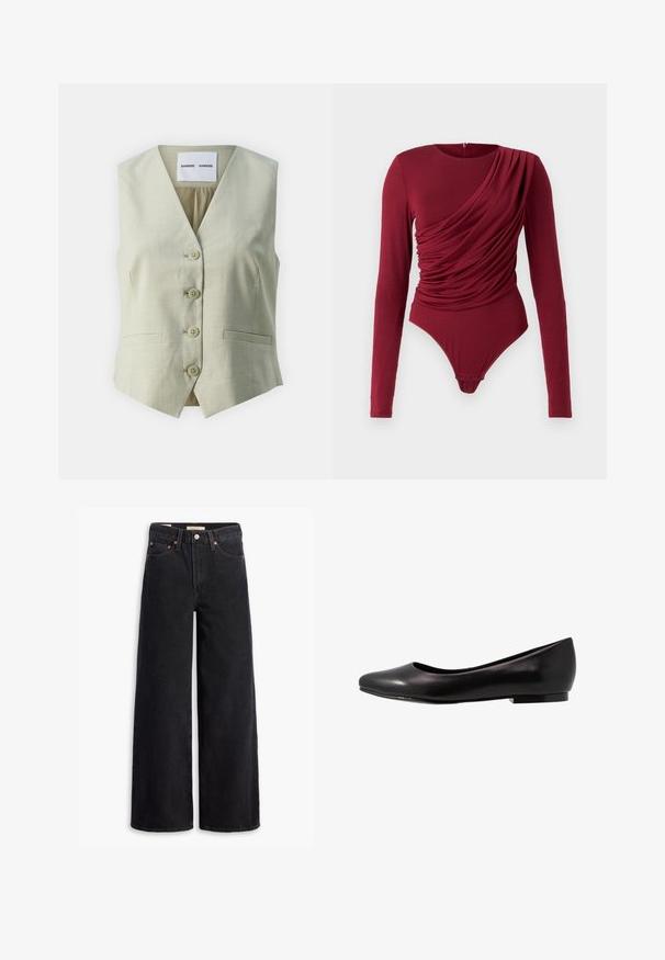 Vesta fără mâneci de culoare gri deschis, cu decolteu în V, cinci închideri cu butoane și două buzunare frontale. Fabricată dintr-un material neted cu o textură subtilă.; Body cu mânecă lungă de culoare roșu închis, cu material drapat, decolteu rotund și închidere cu capse în partea de jos, realizat dintr-un material moale și elastic.; Jeans negri cu picioare largi, confecționați din denim, cu cinci buzunare, cu cuie de cupru și o închidere clasică cu nasture. Textură netedă cu un design curat.; Balerină neagră din piele lucioasă, cu vârful rotund și talpa joasă, plată. Are o textură netedă, cu un design simplu și elegant.
