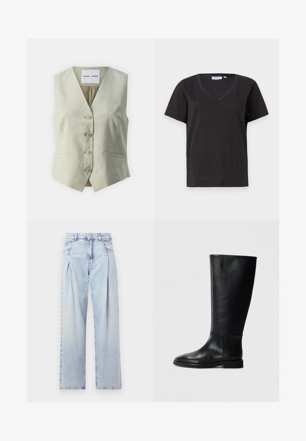 Vesta fără mâneci de culoare gri deschis, cu decolteu în V, cinci închideri cu butoane și două buzunare frontale. Fabricată dintr-un material neted cu o textură subtilă.; Tricou negru din bumbac cu decolteu în V și mâneci scurte. Design simplu, cu o croială normală și fără modele sau accente.; Jeans din denim albastru deschis cu talie înaltă, croială evazată, două buzunare laterale și un design pliat. Textură moale cu un finisaj decolorat.; Cizmă neagră din piele până la genunchi, cu vârf rotund, textură netedă, design minimalist și talpă plată. Detalii simple de cusătură pe tijă.