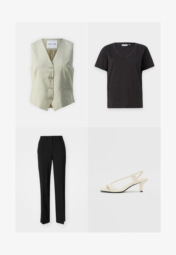 Světle šedá bezrukávová vesta s výstřihem do V, pěti knoflíkovými uzávěry a dvěma předními kapsami. Vyrobena z hladké tkaniny s jemnou strukturou.; Černé bavlněné tričko s výstřihem do V a krátkým rukávem. Jednoduchý design s klasickým střihem bez vzorů nebo akcentů.; Černé kalhoty na míru se střihem do rovna, které mají hladkou texturu a ostré sklady na přední straně. Bez viditelného kování.; Krémové sandály na bloku s tenkými popruhy a čtveratou špičkou. Hladký materiál s minimálními detaily, navržené pro snadné nošení.