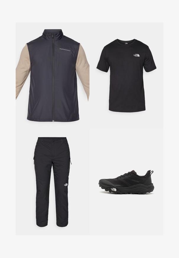 Juoda be rankovių liemenė su aukštu apykakle, priekiniais užtrauktukais ir mažu logotipu. Audinys atrodo lygus ir lengvas. Po ja matyti ilgos smėlio spalvos rankovės.; Juodas trumpas rankovės marškinėliai, pagaminti iš medvilnės, su apvaliu kaklu ir mažu baltu logotipu viršutiniame kairiajame krūtinės kampe.; The North Face WINTER EXPLORATION TAPERED CARGO - Lauko kelnės - black; Juoda bėgimo batai su tekstūruotu paviršiumi, guma padais ir sustiprinta pirštų dalimi. Yra paminkštinta apykaklė ir kilpos, leidžiančios lengvai užsidėti.