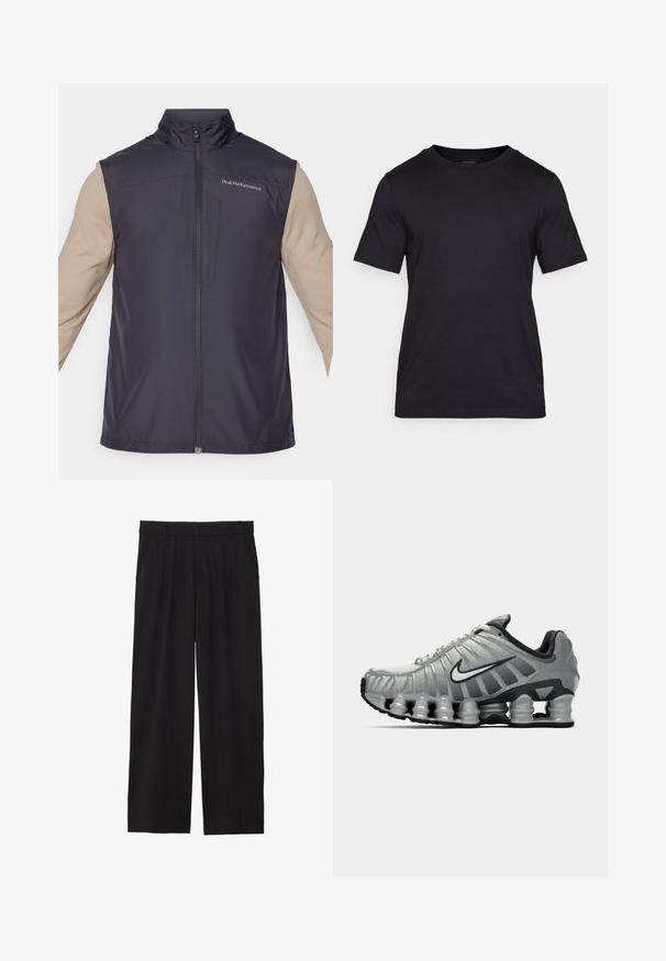 Svart ermeløs vest med høy krage, glidelås foran og liten logo. Stoffet ser glatt og lett ut. Beigefargede lange ermer synlige under.; Svart T-skjorte laget av glatt stoff, med rund hals og korte ermer. Diskret merkevaretrykk i svart på brystet.; Svarte vide bukser med plisserte detaljer foran, sidelommer, og en glatt tekstur. Designet for en avslappet passform.; Grå og svart Nike løpesko med synlig fjærlignende demping under sålen og en hvit swoosh-logo på siden.