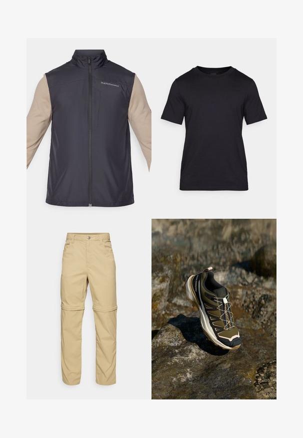 Černá bezrukávová vesta s vysokým límcem, předním zipem a malým logem. Tkanina vypadá hladce a lehce. Bežové dlouhé rukávy jsou viditelné pod vestou.; Černé tričko vyrobené z hladkého materiálu, s kulatým výstřihem a krátkými rukávy. Diskrétní značení potištěné černou barvou na hrudi.; Béžové kalhoty se zipem, hladkého povrchu, s dvěma bočními kapsami, knoflíkovým zapínáním a ohrnovacími manžetami pro všestranné použití.; Trekové boty v olivově zelené a černé barvě s růžovými detaily. Mají texturovaný svršek, flexibilní podrážku, vyztuženou špičku a barevný systém šněrování.