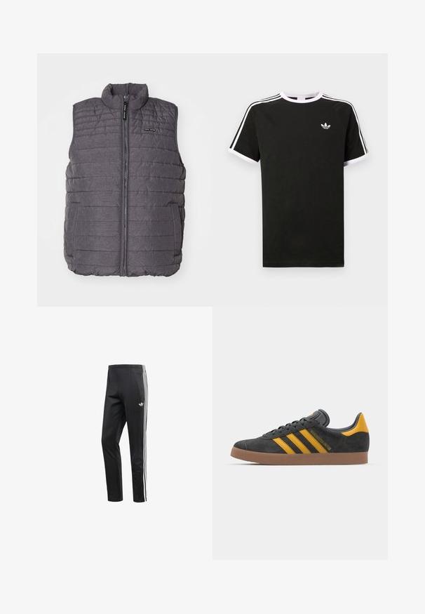 Colete acolchoado cinza com costura vertical, colarinho alto e fecho de correr. Apresenta dois bolsos laterais e um pequeno logótipo no peito.; T-shirt preta feita de algodão com detalhes em branco. Apresenta mangas curtas, design raglan, e um pequeno logótipo no peito. Três riscas brancas nos ombros.; Calças de desporto pretas com um detalhe de três listões brancos nas laterais, cintura elástica e um pequeno logótipo perto do quadril. Tecido suave.; Tenis em camurça preta com detalhes amarelos, apresentando três riscas e uma sola de borracha castanha. Inclui uma língua acolchoada para maior conforto.