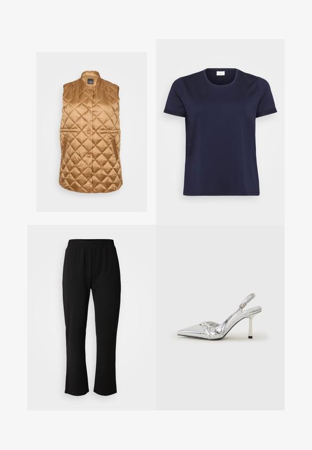 Επενδεδυμένο χωρίς μανίκια γιλέκο σε χρυσό-καφέ ραμμένο ύφασμα με όρθιο γιακά, κλείσιμο με κουμπιά και πλαϊνές τσέπες. Λείο, γυαλιστερό υλικό.; Σκούρο μπλε κοντομάνικο T-shirt με στρογγυλή λαιμόκοψη, απλό σχέδιο και χαλαρή εφαρμογή, σε λευκό φόντο.; ONLY Carmakoma CARLAMA STRAIGHT - Παντελόνι - black; Ασημένια ψηλοτάκουνα παπούτσια slingback με μυτερή μύτη, μεταλλική φινέτσα, δύο διακοσμητικές λωρίδες και λεπτό τακούνι με μαύρη άκρη.