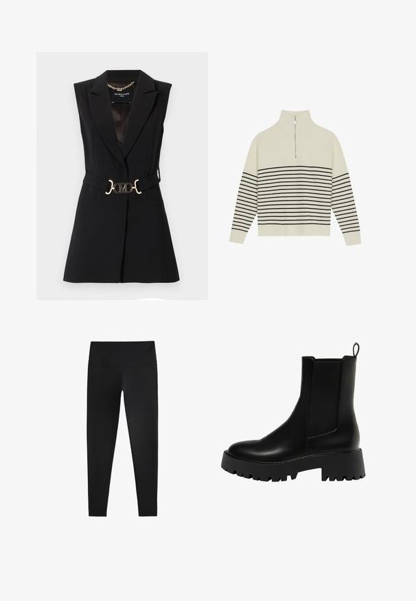 Crni bezrukavi sako s urezanim reverima, prilagođenog dizajna, s pojasom koji ističe zlatni logotip i dva prednja džepa.; Pulover boje kreme s visokim ovratnikom, okomitim rebrastim teksturom i horizontalnim crnim prugama preko tijela i rukava. Detalj sa srebrnim patentnim zatvaračem.; Crne tajice izrađene od rastezljivog materijala, s visokim pojasom i glatkom teksturom, dizajnirane za udobnost i fleksibilnost.; Crne kožne gležnjače s teksturiranim bočnim panelom, okruglim vrhom i debelim platformom s uzorkom zupčanika.