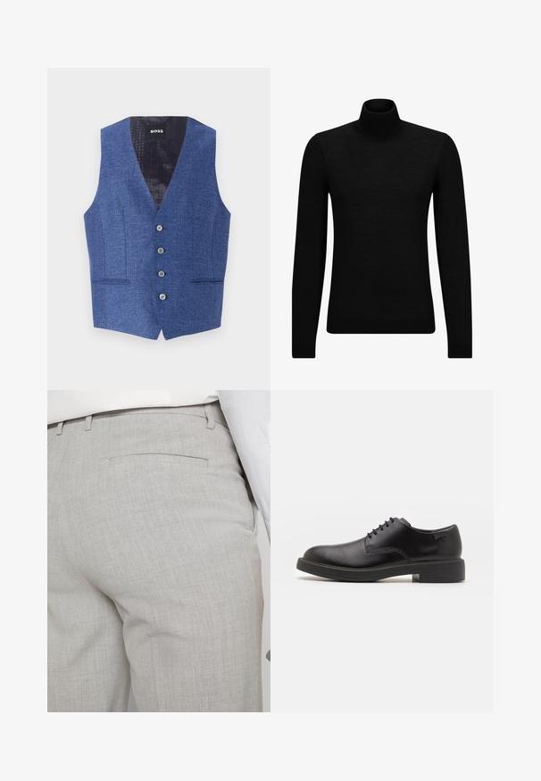 Plavi prsluk s teksturiranom tkaninom, uskog kroja, V-izrezom, pet gumba sprijeda i dva bočna džepa. Podstavljeni unutrašnjost ima suptilan uzorak.; Crni dukserica s visokim ovratnikom, napravljena od mekanog materijala, s dugim rukavima i priljubljenim krojem. Rebrasti detalji na donjem rubu i rukavima. Jednostavan dizajn.; Svijetlosive krojene hlače od teksturiranog materijala, s jednim stražnjim džepom i čistim šavovima.; Crne kožne cipele s vezanjem i zaobljenim vrhom, glatke teksture, minimalnim šavovima i niskim gumiranim potplatom. Logo se nalazi na peti.