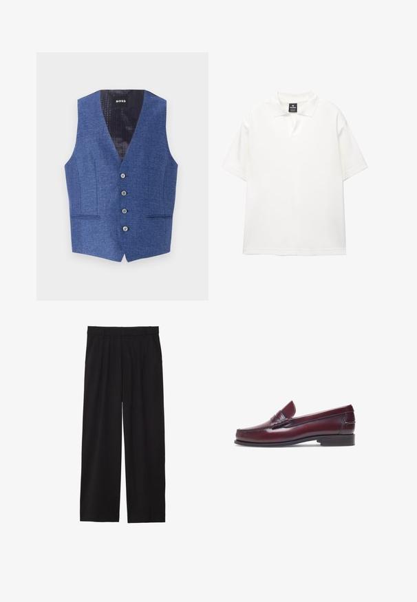 Blaues Westchen aus strukturiertem Stoff, schmal geschnitten, mit V-Ausschnitt, fünf vorderen Knöpfen und zwei Seitentaschen. Futter mit einem dezenten Muster.; Weiße kurzärmlige Poloshirt aus glattem Stoff mit klassischem Kragen, halbknöpfbarer Knopfleiste und lässiger Passform.; Schwarze, weite Hose mit gefälteltem Vorderteil, seitlichen Taschen und einer glatten Stoffstruktur. Entworfen für eine entspannte Passform.; Burgunderfarbene Lederloafer mit abgerundeter Zehenform, gestickten Details und einem kleinen dekorativen Akzent auf dem Blatt. Flache, kontrastierende Sohle.
