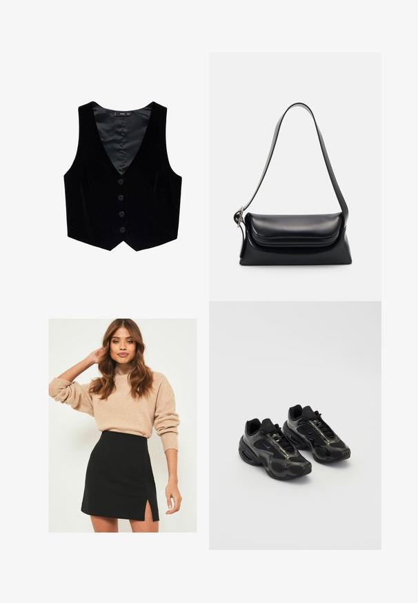 Mango Vesta - black; Olivovo zelený pletený sveter s okrúhlym výstrihom, dlhými rukávmi a rebrovaným lemom. Vyznačuje sa skráteným strihom s jemným, textúrovaným povrchom.; Béžový pletený sveter s rebrovanými manžetami v kombinácii s čiernou mini sukňou s postranným rozparkom. Oblečenie má uvoľnený a zároveň priliehavý strih.; Čierne športové topánky so syntetickým materiálom, sieťovanými akcentmi a zaoblenými podrážkami. Majú šnurovací systém a výrazné logo Nike na jazyku.; Čierna kožená kabelka so štruktúrovaným tvarom, hladkou textúrou a jedným ramenným popruhom. Obsahuje jemný, zaoblený dizajn klapky.; Strieborné quartz hodinky Casio s obdĺžnikovým ciferníkom, analógovým a digitálnym zobrazením, nerezovým remienkom a vodoodolnými vlastnosťami.