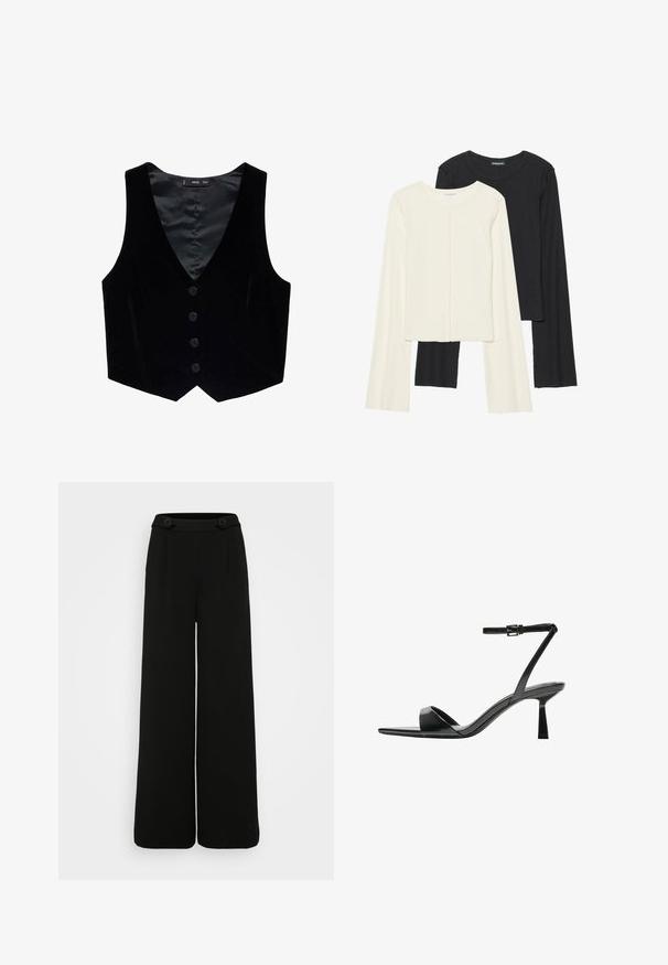 Mango Vestă - black; Set de două bluze cu mâneci lungi, una albă și una neagră. Textură ribbată, decolteu rotund, design ajustat cu mâneci ușor evazate.; Pantaloni negri cu picioare largi, dintr-un material texturat, având două butoane mari la talie și pliseuri ascuțite pe partea din față.; Bershka Sandale cu toc - black