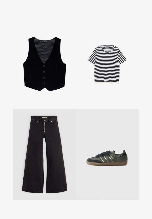 Mango Weste - black; Gestreiftes T-Shirt aus Baumwolle mit marineblauen und weißen horizontalen Streifen, verfügt über einen runden Ausschnitt und kurze Ärmel. Glatte Textur.; Schwarze Denim-Jeans mit weitem Bein, Reißverschluss vorne, Fünf-Taschen-Design und dezenten Stickdetails. Glatte Textur und lässiger Stil.; adidas Originals SAMBA OG - Sneaker low - core black/legend earth/gum