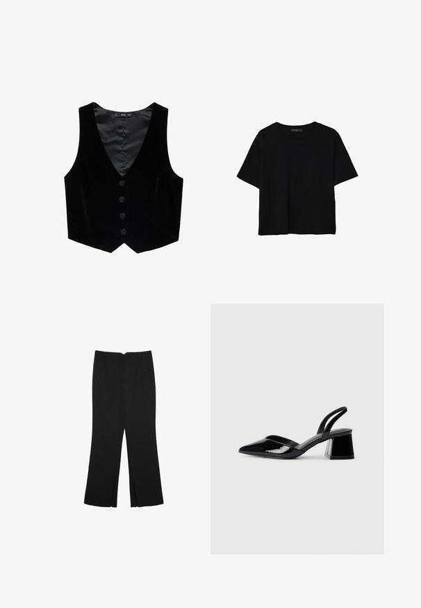 Mango Weste - black; Schwarzes T-Shirt mit kurzen Ärmeln aus Baumwolle. Verfügt über einen runden Ausschnitt und einen lockeren Schnitt mit einer glatten, einfarbigen Textur. Keine sichtbaren Muster oder Akzente.; Schwarze Hose mit geradem Schnitt, ausgestattet mit Fronttaschen und Seitenschlitzen am Saum. Hergestellt aus weichem, glattem Stoff. Geeignet für verschiedene Anlässe.; Schwarze Lackleder-Slingback-High Heels mit spitzem Schuh und einem geometrischen Blockabsatz. Verfügt über ein schlankes, minimalistisches Design und eine glatte Textur.