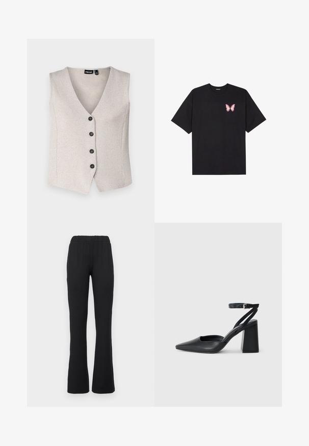 Colete sem mangas bege com decote em V, cinco botões pretos e tecido texturizado. Apresenta um design ajustado, adequado para sobreposições.; T-shirt de algodão preto com mangas curtas, apresentando um pequeno gráfico de borboleta rosa no lado esquerdo do peito. Design de gola redonda com um corte solto.; Calças pretas de boca larga com uma cintura elástica, apresentando uma textura suave e sem padrões ou detalhes metálicos visíveis.; Sandal com biqueira afilada em couro preto, com cinta no tornozelo e salto grosso. Textura lisa, design elegante e estética minimalista.