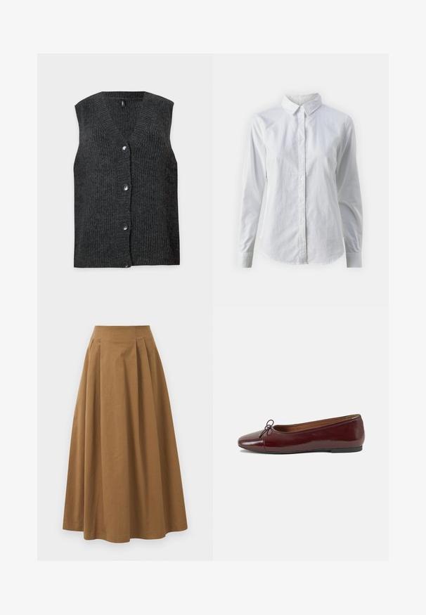 Šedý bezramený kardigán s výstřihem do V a pěti knoflíky, který má texturovaný žebrovaný design na čistě bílém pozadí.; Bílá košile na knoflíky vyrobená z hladké bavlny, s klasickým límcem, dlouhými rukávy a zakřiveným spodním lemem. Knoflíky jsou malé a bílé.; Hnědá bavlněná sukně ve stylu A s vysokým pasem, se sklady na přední straně a hladkou texturou. Lemování je čisté a jednoduché.; Burgundské lakové baleríny s kulatou špičkou, malou mašlí vpředu a nízkou černou gumovou podrážkou. Hladký povrch.