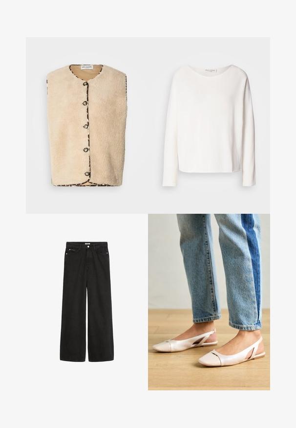 Bežinis dirbtinio kailio liemenė su apvaliu kaklu, juodais mygtukais ir raštuotu apvadu, kuriame yra leopardų rašto detalės.; Ilgas rankovės, apvalaus kaklo viršus iš minkštos, lengvos baltos medžiagos su laisvu kirpimu. Savybės - švarus apvadas ir jokių matomų detalių.; Platus juodas džinsinis kelnes su aukštu juosmeniu. Yra penkios kišenės, metalinės detalės ir švarus apdaila. Paviršius yra lygus ir švelnus.; Šviesiai rožiniai slingback baleto bateliai su smailiu pirštu, pagaminti iš lygios odai panašios medžiagos. Yra išpjovimų detalės šonuose ir plokščias kulnas.