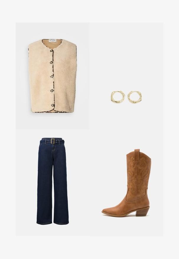 Beige mākslīgā kažokā vests ar apaļu kakla izgriezumu, melniem pogu aizdarījumiem un rakstainu apdari, kurai ir leoparda raksts malās.; Kreklu ar pogām, kas rotāts ar vertikālām svītrām zilā, melnā un baltā krāsā. Izgatavots no gluda auduma ar klasisku apkakli un pogu aizdari.; Tumši zili platlegu denimi bikses ar izšūtām kabatām un saderīgu jostu, kurai ir liels taisnstūrains zelta sprādze.; Brūni ādas kovboju zābaks ar norādītu purngalu, izšūtām viļņveida apakšējo detaļu un sakrautajiem blokiem. Iezīmēts ar velkšanas cilpu ērtai uzvilkšanai.; Zelta riņķveida auskari ar tekstūru un neregulāru formu. Iekļauj bezšuvju aizdari un pulētu virsmas apdari, uzsverot mūsdienīgu dizainu.