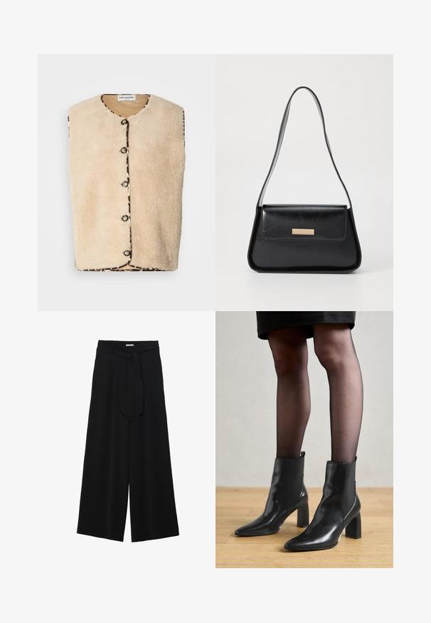 Coletes em pele sintética bege com decote redondo, fechos em botão pretos e uma borda decorativa com padrão de leopardo nas extremidades.; Top preto sem mangas, feito de um tecido liso. Design ajustado com um decote alto e uma bainha reta, minimalista e de cor sólida.; Calças largas pretas com um tecido texturizado, uma cintura elástica e um laço destacável na cintura para um ajuste ajustável.; Botas de tornozelo em couro preto com bico fino, salto quadrado robusto e design elegante. Apresenta painéis laterais elásticos para facilitar o calçar.; Bolsa de couro preta com uma forma triangular estruturada, alça fina e metalização dourada, apresentando uma placa de logotipo no flap frontal.; Brincos de argola dourados com um formato irregular e texturizado. Apresentam um fecho sem emenda e um acabamento polido, destacando um design moderno.