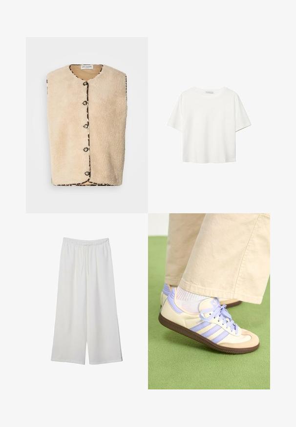 Béžový umelý kožušinový vest s okrúhlym výstrihom, čiernymi gombíkovými zapínaniami a vzorovaným lemom s leopardím vzorom pozdĺž okrajov.; Biela krátkopsová tričko vyrobené z bavlny. Má okrúhly výstrih a voľný strih. Hladká textúra bez viditeľných vzorov alebo akcentov.; Biele široké nohavice z ľahkého materiálu s elastickým pásom a šnúrkou na nastavenie veľkosti. Hladká textúra.; Krémovo-fialové tenisky so tromi pruhmi a štruktúrovanou hnedou podrážkou, s šnúrkami a polstrovaným opätkom. Mäkký textilný zvršok.