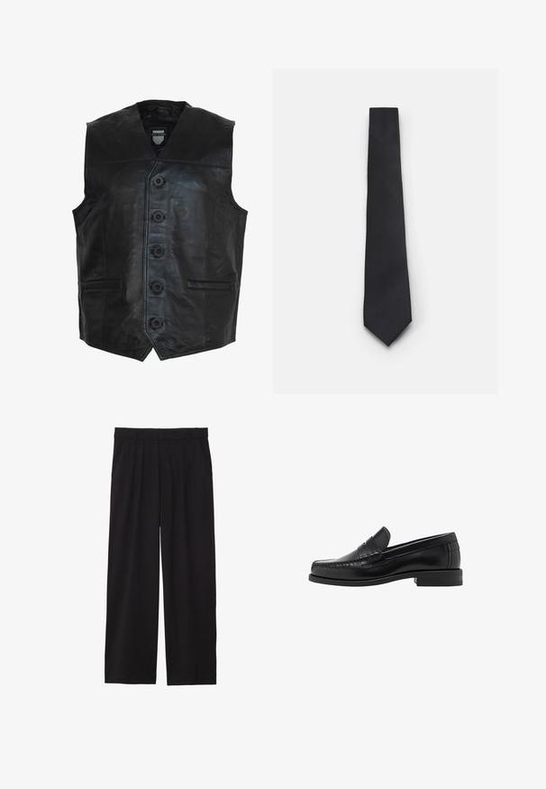Schwarze Lederweste mit glatter Textur, sechs Knöpfen auf der Vorderseite, zwei seitlichen Taschen und einem spitzen Saumdesign.; Weißes Hemd mit langen Ärmeln, aus glattem Baumwollstoff, mit einem klassischen Kragen und subtiler Glanz. Fünf Knöpfe vorne.; Schwarze, weite Hose mit gefälteltem Vorderteil, seitlichen Taschen und einer glatten Stoffstruktur. Entworfen für eine entspannte Passform.; Schwarze Lederloafer mit glatter Oberfläche, genähten Details an der Zehe und einem flachen Absatzdesign für Komfort und Stil.; Schmale schwarze Krawatte mit einem strukturierten, diagonalen Rippmuster. Verfügt über eine spitze Spitze und eine glatte Oberfläche. Geeignet für formelle Anlässe.