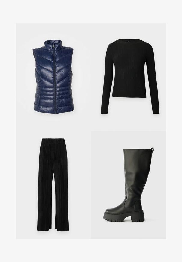 Gilet imbottito blu navy, design senza maniche con alto colletto, dotato di zip anteriore e motivo a chevron per l'isolamento. Finitura morbida e lucida.; Maglione fitted a maniche lunghe nero a costine con scollo rotondo, esposto su uno sfondo chiaro e semplice.; Pantaloni neri a plissé con vita elasticizzata. Presentano gamba ampia e un tessuto liscio e texture con strisce verticali.; Stivali in gomma neri al ginocchio con suola a battistrada spessa, superficie liscia e una linguetta sul retro per una facile vestibilità. Design con punta rotonda.