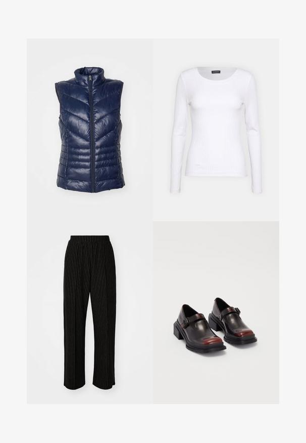 Navy blue puffer vest, sleeveless design with high collar, featuring a front zipper and chevron quilted pattern for insulation. Soft, glossy finish.; White ribbed long-sleeve top with a round neckline. Made from a stretchy fabric that hugs the body. Features subtle horizontal lines.; Black, wide-leg pants with white vertical pinstripes, featuring an elastic waistband for comfort and a smooth, soft texture.; Leather block-heeled shoes with a shiny dark burgundy finish, featuring a buckle strap and rounded toe design. Textured outsole for grip.