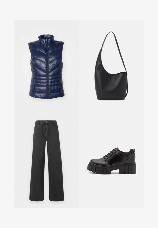 Marineblauer Puffer-Weste, ärmelloses Design mit hohem Kragen, ausgestattet mit einem Front-Reißverschluss und einem Zickzack-ge quilteten Muster zur Isolierung. Weiche, glänzende Oberfläche.; Zwei langärmelige Hemden: eines schwarz und eines weiß. Beide haben einen Rundhals, Raglanärmel und bestehen aus einem weichen Baumwollmischgewebe.; Schwarze weite Jeans aus Denim, mit einem Kordelzugbund, zwei vorderen Taschen und einer glatten Textur. Keine sichtbaren Muster oder Akzente.; Schwarze Lederplateauschuhe mit klobigem Blockabsatz, runder Zehenpartie und traditionellem Schnürdesign. Verfügt über eine glatte Textur und minimale Details.; Schwarze Leder-Hobo-Tasche mit einer glatten Textur, geschwungener Form und einem einzelnen verstellbaren Tragegurt; verfügt über eine weite Öffnung am oberen Ende.