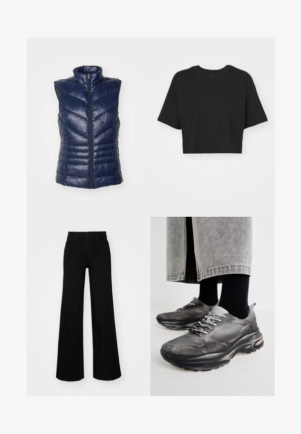 Marineblå puffervest, ermeløs design med høy krage, med frontglidelås og chevron-quiltet mønster for isolasjon. Myk, glansfull overflate.; Svart avkortet t-skjorte laget av myk bomull. Har rund hals, korte ermer og en avslappet passform uten mønstre eller detaljer.; Svart vide bukser laget av denim, med en strukturert midjebånd, beltestropper og frontlommer. Glatt tekstur med et klassisk design.; Sorte og grå treningssko har en mesh-overdel, tykke såler og snøring. De har en rund tå og synlige dempe detaljer.