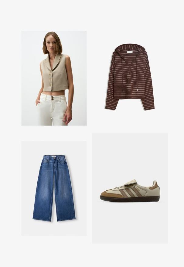 Beige mouwloze crop top met een gestructureerde stof, twee grote knopen en een gelapte kraag. Gecombineerd met hoogwaist witte broek.; Bruine hooded long-sleeve top met witte horizontale strepen, drie-knops V-hals en koorden op de capuchon, gelabeld als Bershka.; Bershka WIDE-LEG - Wide leg - dark blue; Bruine en crèmekleurige sportschoen met drie beige strepen, gemaakt van suede en leer, vetersluiting ontwerp en rubberen zool. Tekstlogo aan de zijkant.
