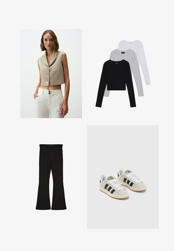 Beige ärmellose Cropped-Weste aus strukturiertem Stoff mit zwei großen Knöpfen und einem Reverskragen. Kombiniert mit hochtaillierten weißen Hosen.; Drei langärmelige Oberteile gestapelt: schwarz, grau und weiß. Jedes hat einen runden Halsausschnitt und ein kurzes Design aus glattem, leichtem Stoff.; Schwarze Schlagleggings aus dehnbarem Stoff. Sie verfügen über einen breiten Bund und eine glatte Textur, mit einer enganliegenden Silhouette, die am Saum ausgestellt ist.; Graue Wildledersneaker mit weißen Schnürsenkeln, schwarzen Streifen und einer weißen Gummisohle. Merkmale sind ein kreisförmiges Logo auf der Zunge und eine Gummisohle.