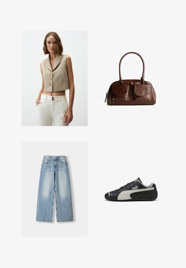 Beige mouwloze crop top met een gestructureerde stof, twee grote knopen en een gelapte kraag. Gecombineerd met hoogwaist witte broek.; Lichtgrijze geribbelde tanktop met een ronde halslijn en zonder mouwen. Beschikt over een getailleerd ontwerp en een subtiele logo nabij het midden. Zachte textuur.; Lichtblauwe denim wijde jeans met een hoge taille, met een vervaagde afwerking, vijf zakken en een rechte cut.; Zwarte leren sneakers met een gestructureerde grijze suède streep, voorzien van witte logo-accenten en een vetersluiting, ronde neus en rubberen zool.; Bruine leren handtas met twee voorflapzakken, ronde handvatten en een rits aan de zijkant tegen een witte achtergrond.