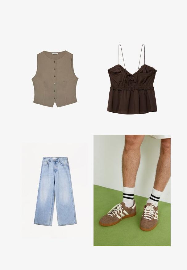 Hnedá bezrukávová blúzka s okrúhlym výstrihom, piatimi gombíkmi na prednej strane a priliehavým strihom. Vyrobená z hladkej látky s jemnou textúrou.; Hnedý bezrukávový top so zhrnutým poprsím, nastaviteľnými špagetovými ramienkami, volánikovými okrajmi a voľným strihom s detailom na stiahnutie.; Bershka WIDE-LEG - Široké nohavice - light-blue denim; Hnedé zamatové tenisky s bielymi akcentmi a šnúrkami. Gumová podrážka. Nosené s bielymi ponožkami so čiernymi pruhmi. Zelená textúrovaná podlaha.