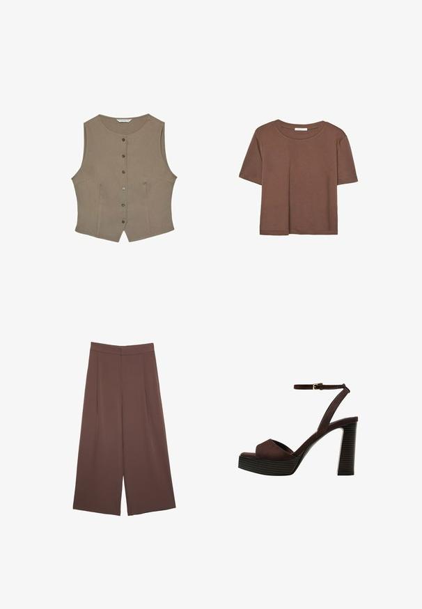 Brun ärmlös blus med rund halsringning, fem knappar fram, och figursydd silhuett. Tillverkad av ett slätt tyg med subtil textur.; Brun kortärmad t-shirt i mjukt tyg, med rund halsringning och avslappnad passform. Inga synliga mönster eller detaljer.; Bruna vida byxor med en slät textur, som har hög midja och framfickor. Tyget är lätt och flödar löst.; Bruna mocka högklackade sandaler med öppen tå, justerbar vristrem och en randig plattformssula.