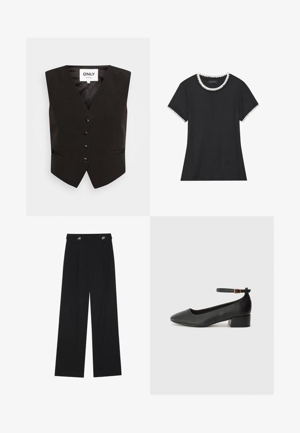 ONLY ONLASTRID SHORT FITTED - Waistcoat - black; Black t-shirt with ribbed texture, round neckline featuring white scalloped trim, and short sleeves with matching scalloped accents.; Black wide-leg trousers with high waist, button details on waistband, and front pleats.; Black leather pump with a pointed toe and a low block heel. Features an ankle strap with a gold-tone buckle. Smooth texture.