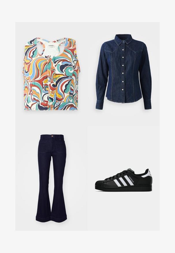 Bunt gemusterter Cropped-Top mit wirbelndem Muster in Rot, Blau, Grün und Gelb, rundem Ausschnitt und Druckknopfverschluss.; Dunkelblaue Jeanshemd mit langen Ärmeln, spitzem Kragen, vorderem Knopfverschluss und dekorativen Nähten entlang der Säume.; Dunkelblaue Jeans im Schlagstil mit hoher Taille, zwei hinteren Taschen und genähten Details entlang der Nähte und des Saums.; Schwarzer Adidas Superstar Sneaker mit weißen Streifen, Schalenzehen und "Superstar"-Schriftzug an der Seite, im Seitenprofil auf weißem Hintergrund dargestellt.